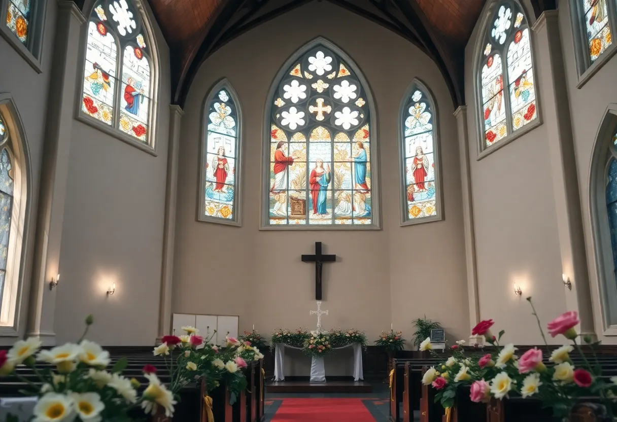 A memorial service setting with flowers and stained glass.