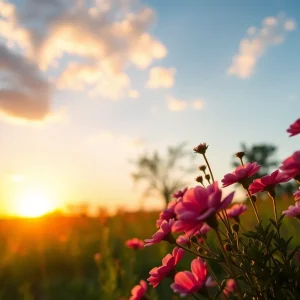 A serene landscape with flowers symbolizing love and remembrance.