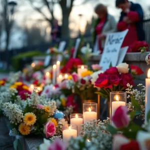 A quiet memorial site with flowers and candles
