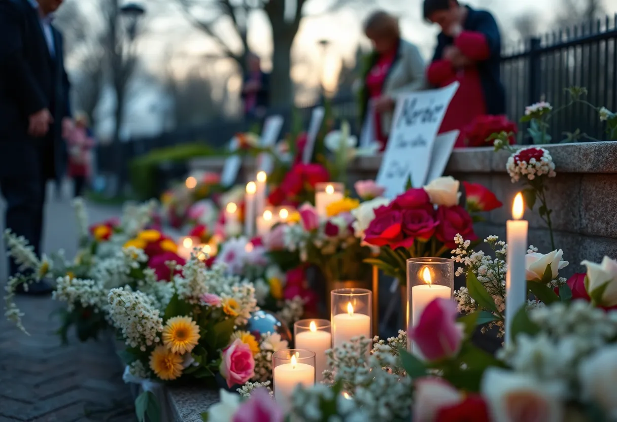 A quiet memorial site with flowers and candles