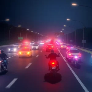 Scene of a motorcycle crash with emergency responders and vehicles on a highway.