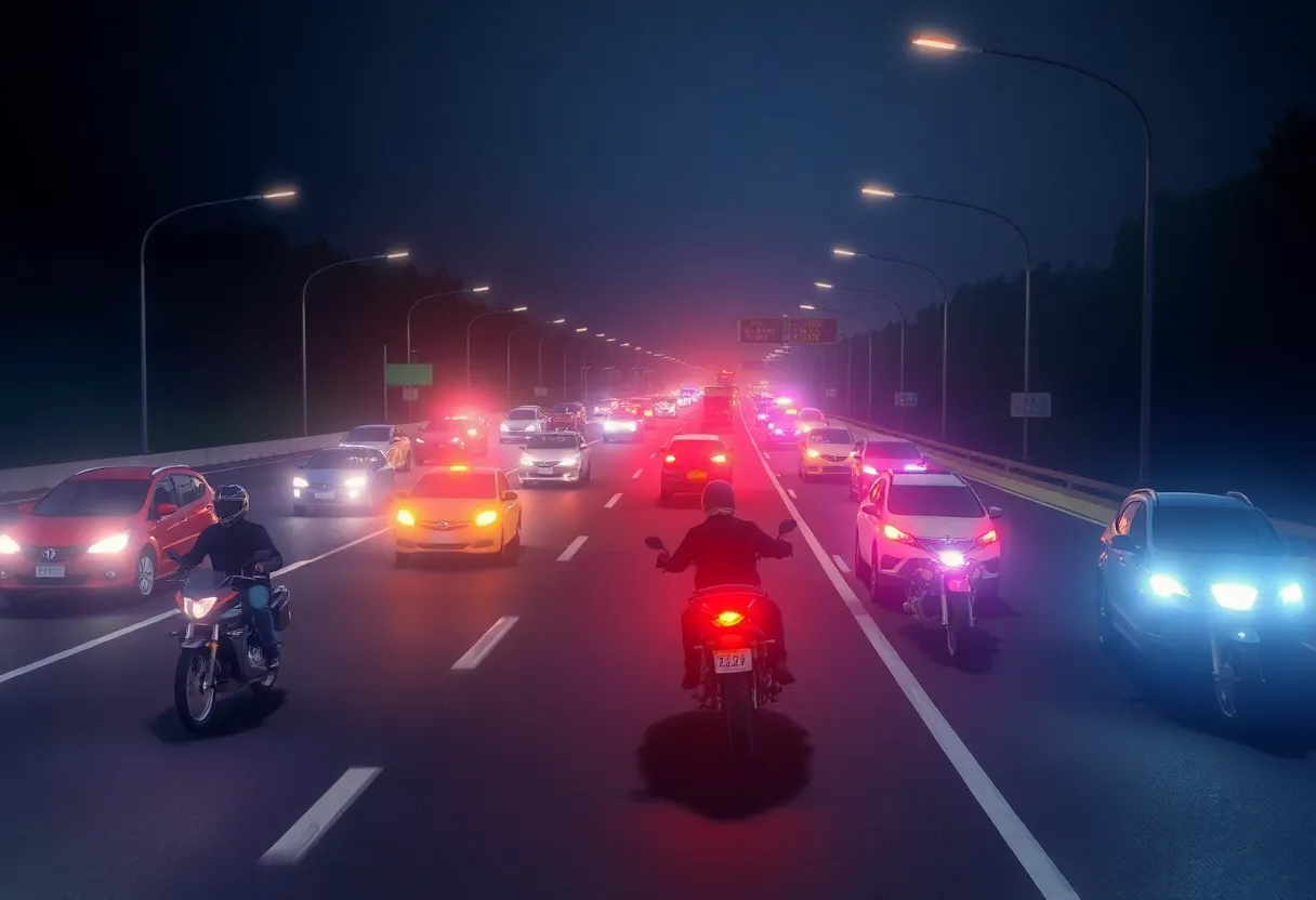 Scene of a motorcycle crash with emergency responders and vehicles on a highway.