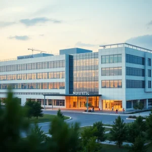 Multispecialty hospital exterior with clear blue sky