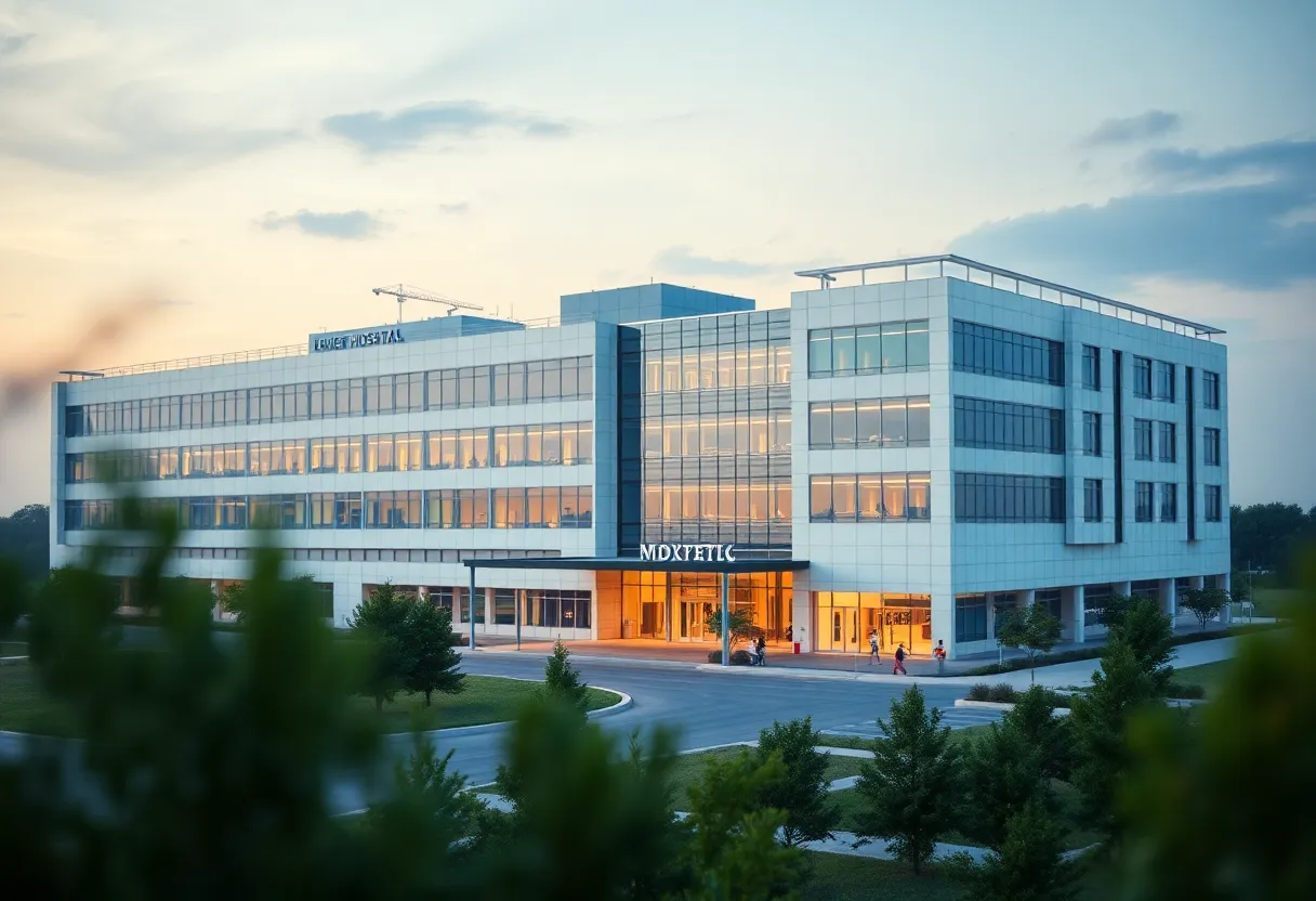 Multispecialty hospital exterior with clear blue sky