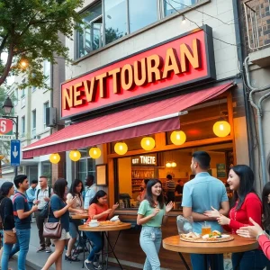 Crowd outside new restaurant near university