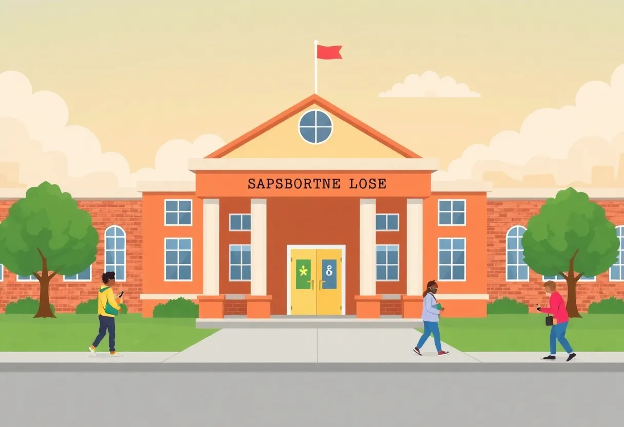 Illustration of a school building highlighting safety measures