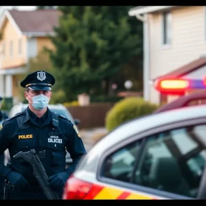 Police officers investigating a machete attack in a neighborhood.