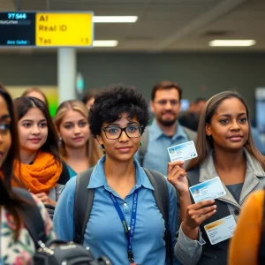 Travelers showing identification at airport security