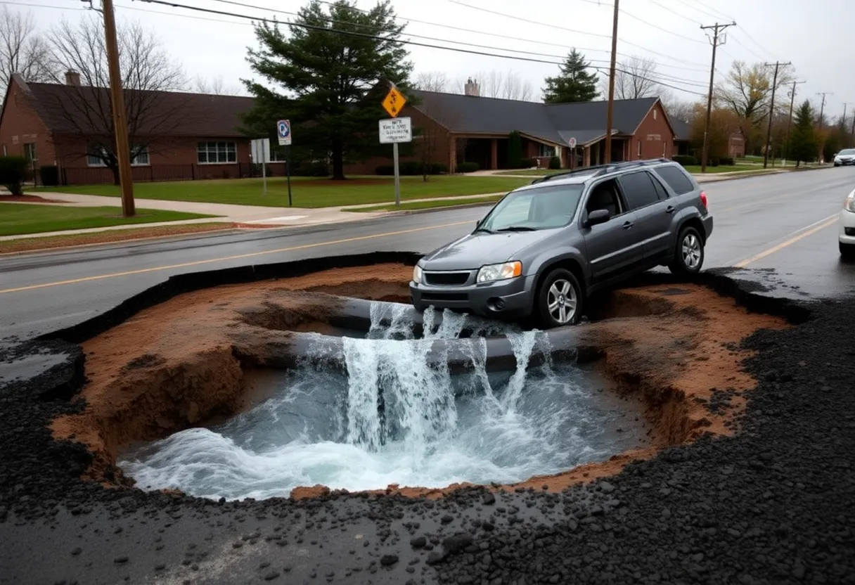 A road buckle with an SUV stuck in a large hole caused by a water main break near Jefferson High School in San Antonio.