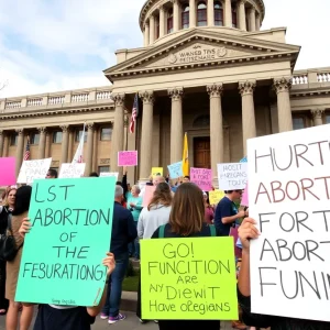 Demonstrators protesting against abortion funding outside a legislative building in San Antonio