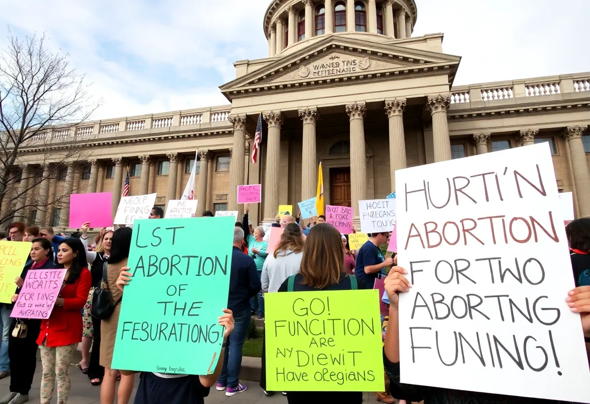 Demonstrators protesting against abortion funding outside a legislative building in San Antonio