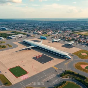Aerial view of the San Antonio Airport with city skyline in the background.