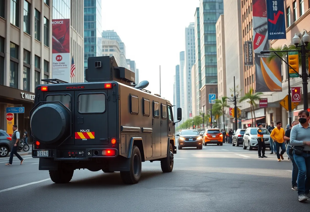 An armored truck parked in a shopping area with police presence.