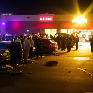 Scene of a bar shooting incident with police lights