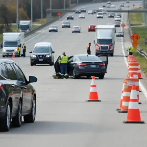 Traffic accident scene on a highway with emergency vehicles and construction signs