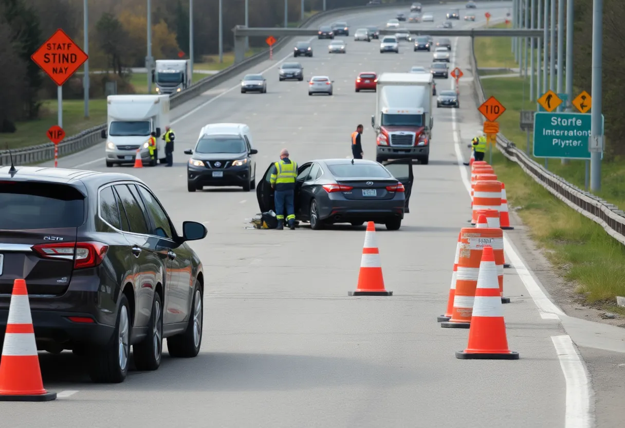 Traffic accident scene on a highway with emergency vehicles and construction signs