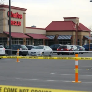 Crime scene at a restaurant parking lot showing police presence and evidence markers