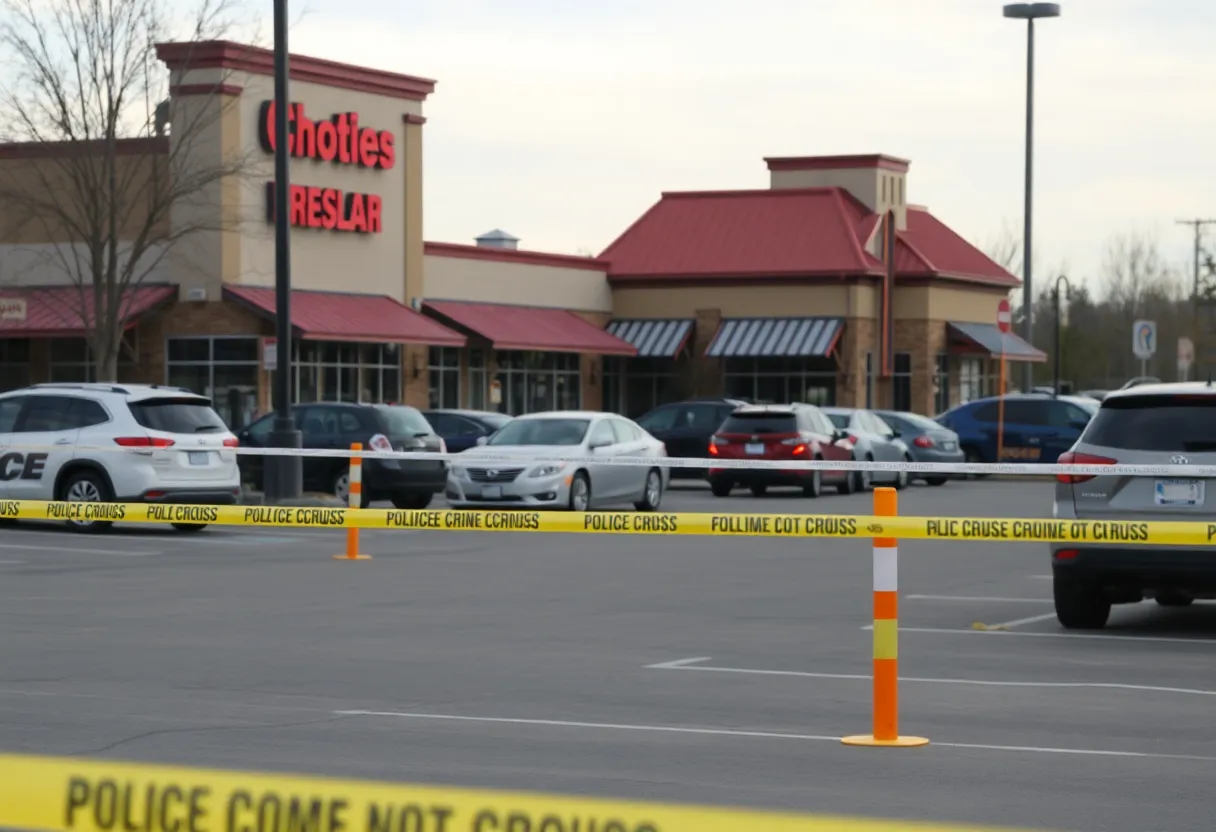Crime scene at a restaurant parking lot showing police presence and evidence markers