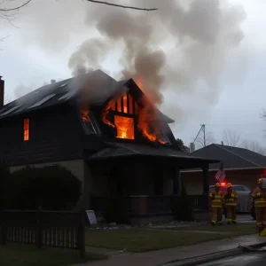 Burnt house in San Antonio with firefighters on scene