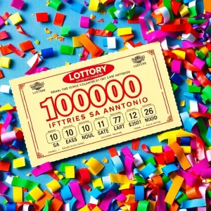 Colorful lottery ticket with confetti celebrating a big win in San Antonio.