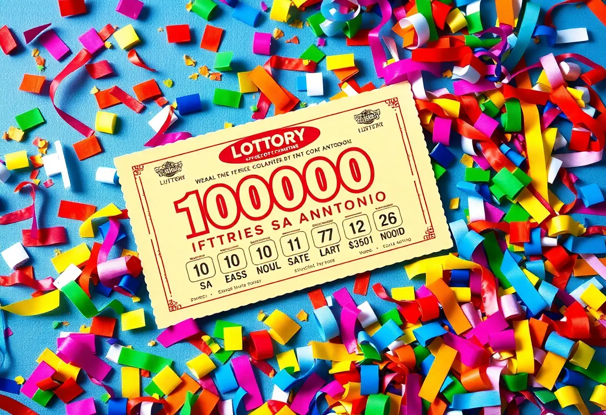 Colorful lottery ticket with confetti celebrating a big win in San Antonio.