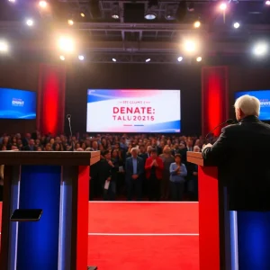 Stage setup for the San Antonio mayoral debate with podiums and audience