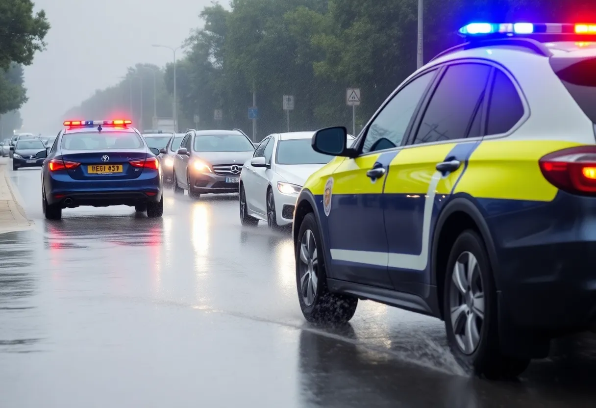 Police vehicle involved in a chain reaction crash on a wet road