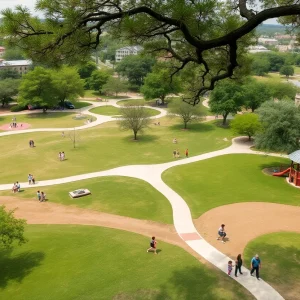 A beautiful park in San Antonio filled with lush greenery and families enjoying their day.