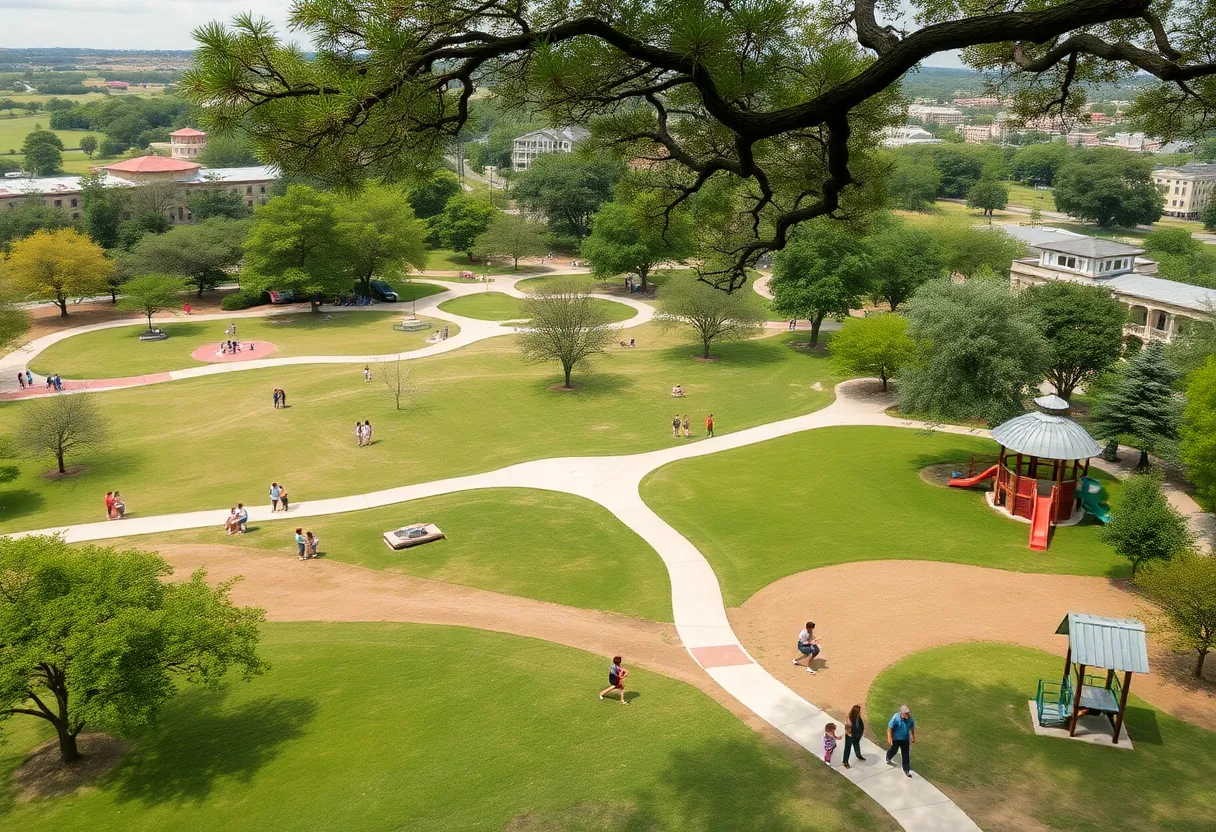 A beautiful park in San Antonio filled with lush greenery and families enjoying their day.