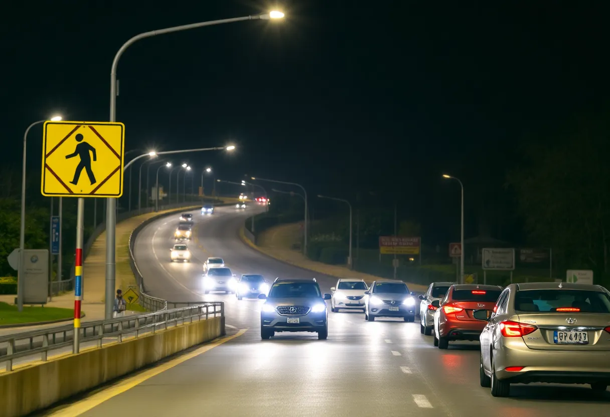 Scene of a fatal pedestrian accident on a busy highway in San Antonio at night.