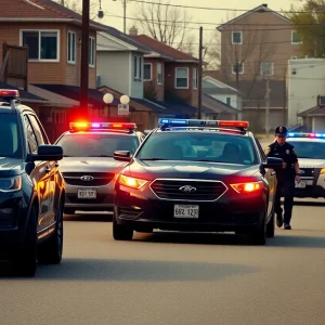 San Antonio police chasing a suspect on foot amidst urban backyards.