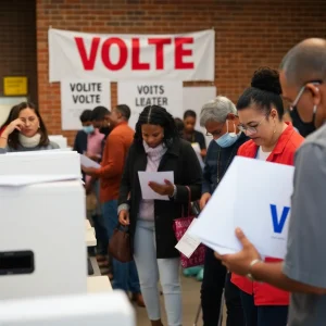 Diverse voters participating in the San Antonio mayoral election at a polling station.
