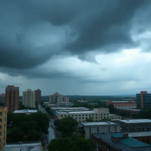 Heavy rainfall in San Antonio with dark clouds looming over the city