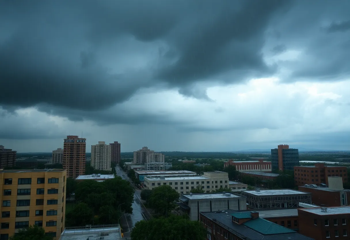 Heavy rainfall in San Antonio with dark clouds looming over the city