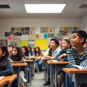 Diverse classroom scene with students learning