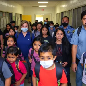 Students and teachers in a school environment in San Antonio, reflecting concern and determination.
