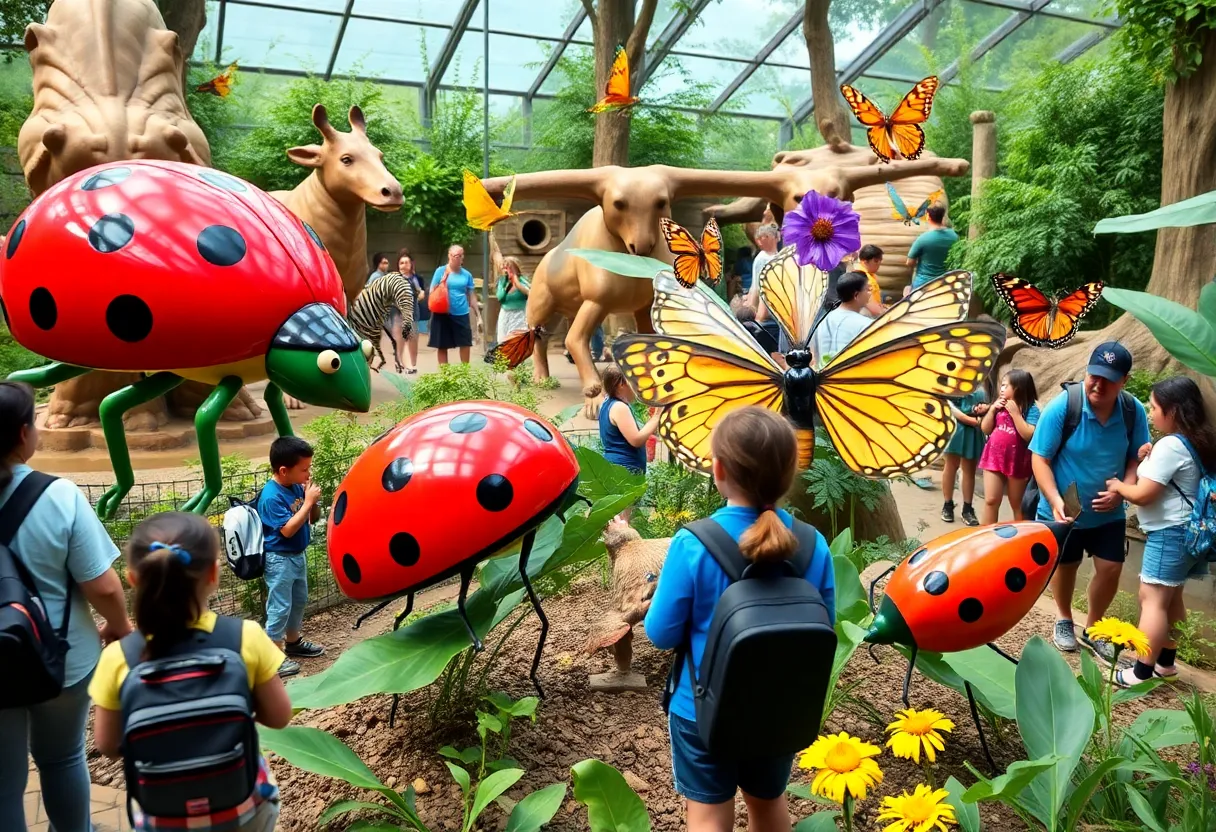 Visitors exploring the San Antonio Zoo with animatronic insects exhibit