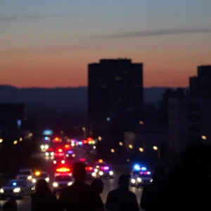 Dusk view of San Antonio with police lights indicating tension in the area