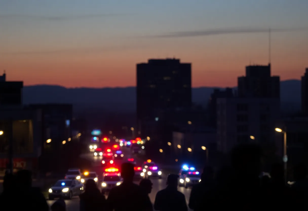 Dusk view of San Antonio with police lights indicating tension in the area