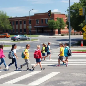 Students crossing the street safely near East Central High School