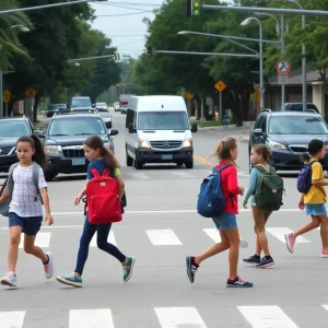 Students crossing the street in a school zone