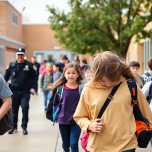 Students walking past a secure middle school amidst heightened security