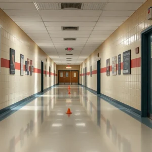 Enhanced security measures in an empty school hallway