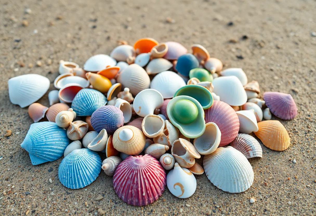 Seashells arranged in an artistic manner on the sand