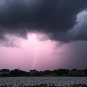 Dark storm clouds with hail on the ground in San Antonio