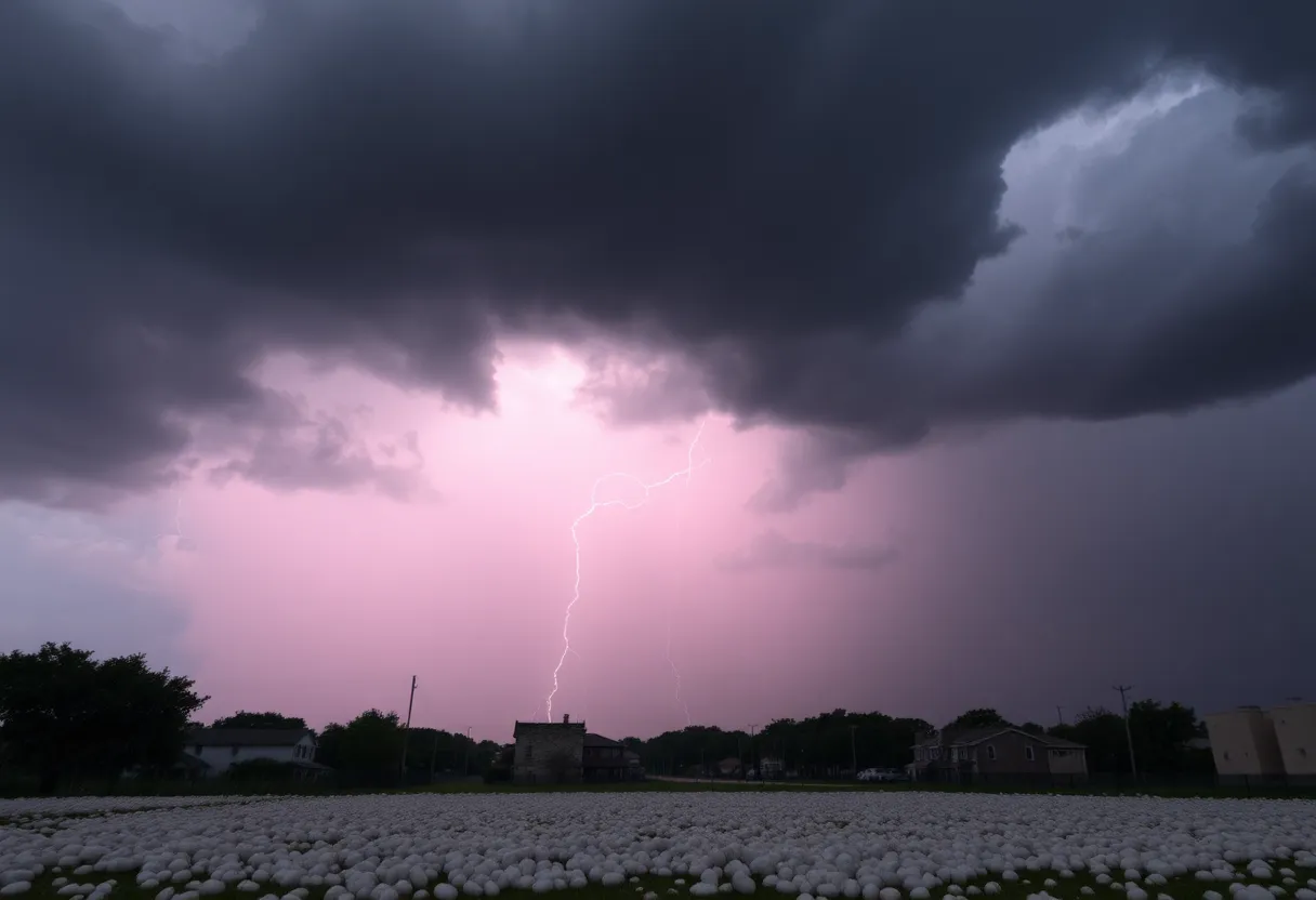 Dark storm clouds with hail on the ground in San Antonio