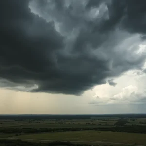 Dark storm clouds over South Texas landscape indicating severe weather.