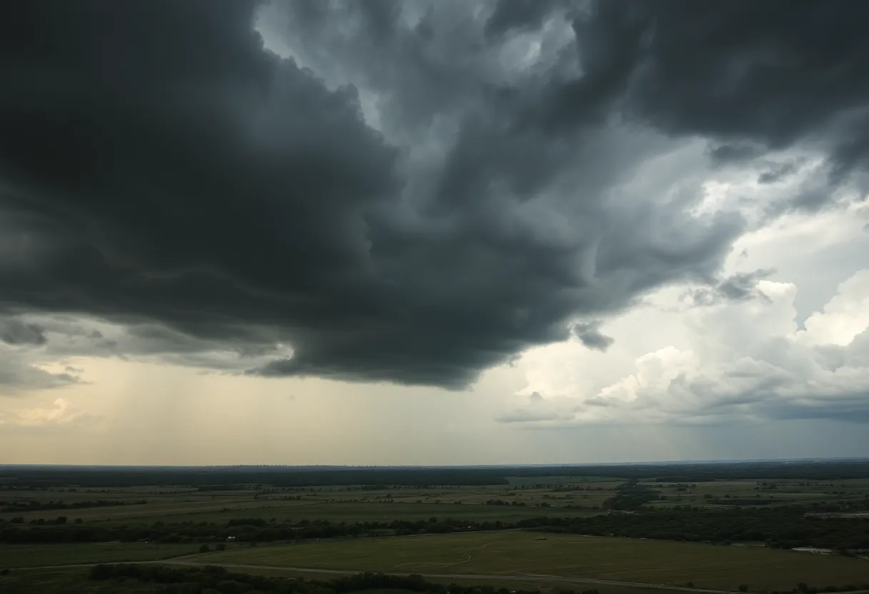 Dark storm clouds over South Texas landscape indicating severe weather.