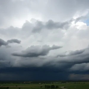 Dark storm clouds and rain over Texas landscape