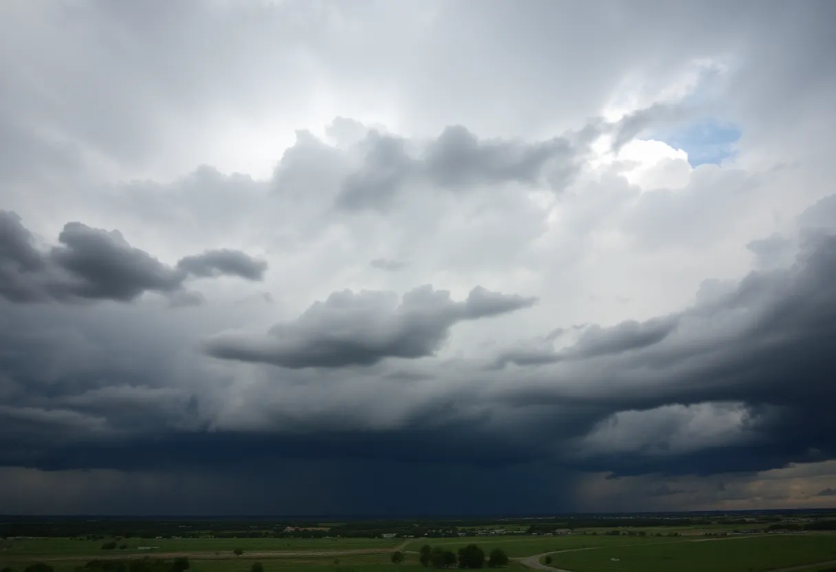 Dark storm clouds and rain over Texas landscape
